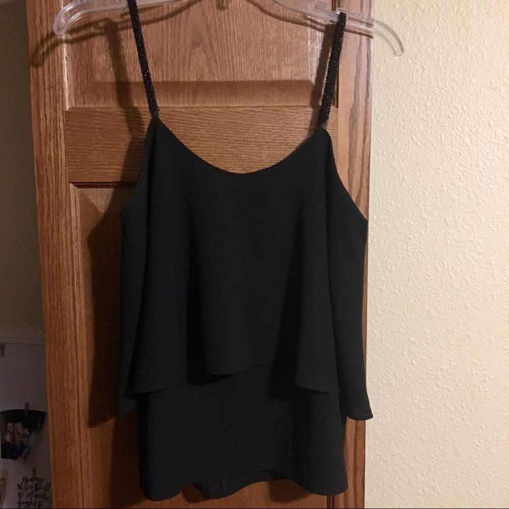 Tiered black tank with beaded straps S