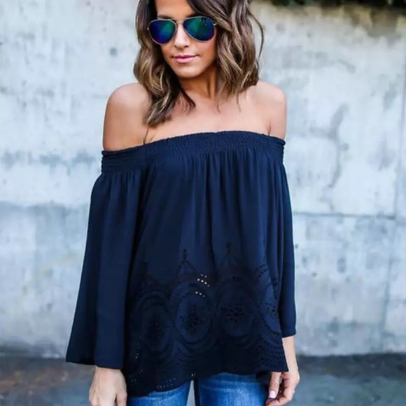 ✨Navy Off The Shoulder Eyelet Style Top✨ - Picture 2 of 7