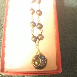 Black perl necklace with wire wrap drop