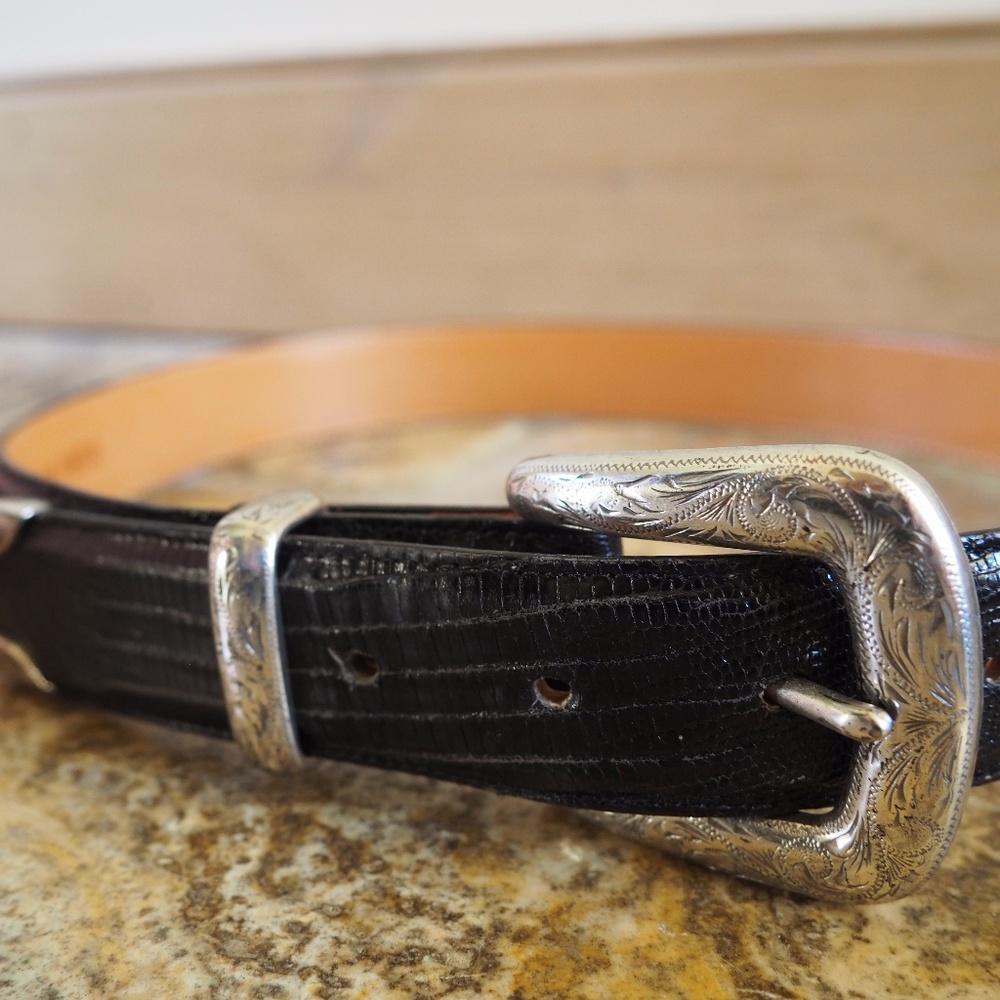 Lizard Skin Genuine Leather Belt Engraved Sterling