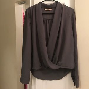 Grey Surplice Long Sleeve Blouse