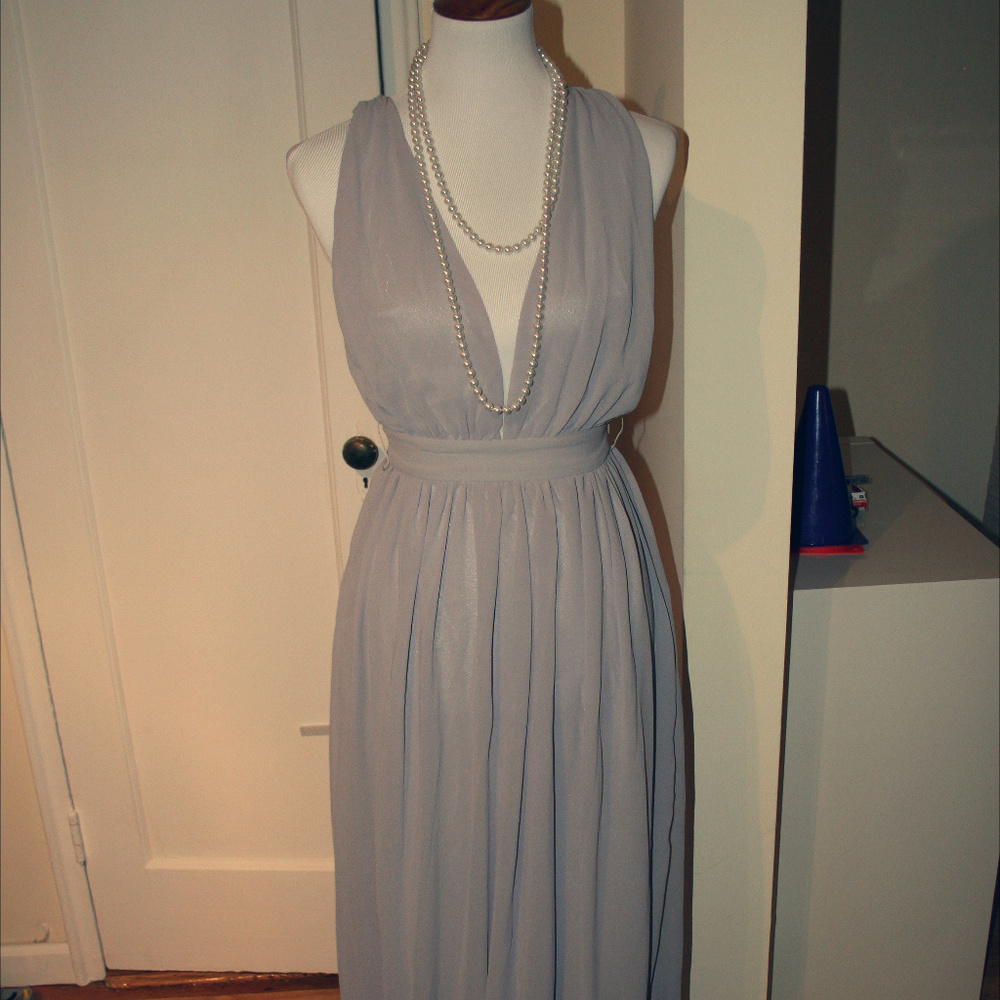 Silver, purplish, long flowy dress
