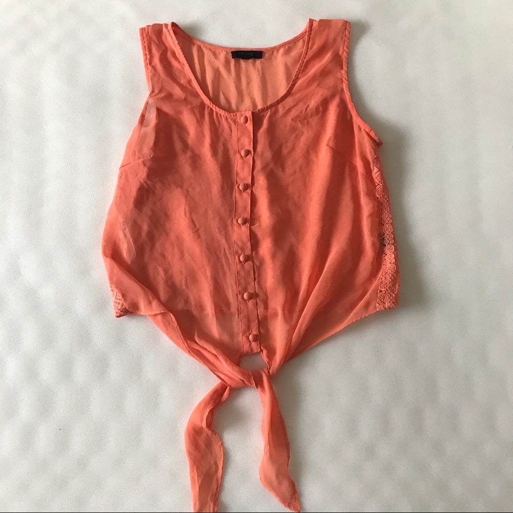 Orange Button Up Tie Tank Top w/ Lace
