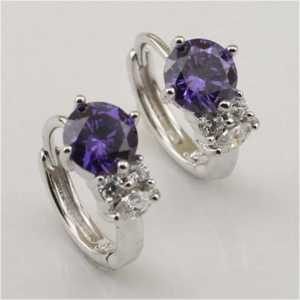 Amethyst & White Gold Filled Huggie Earrings