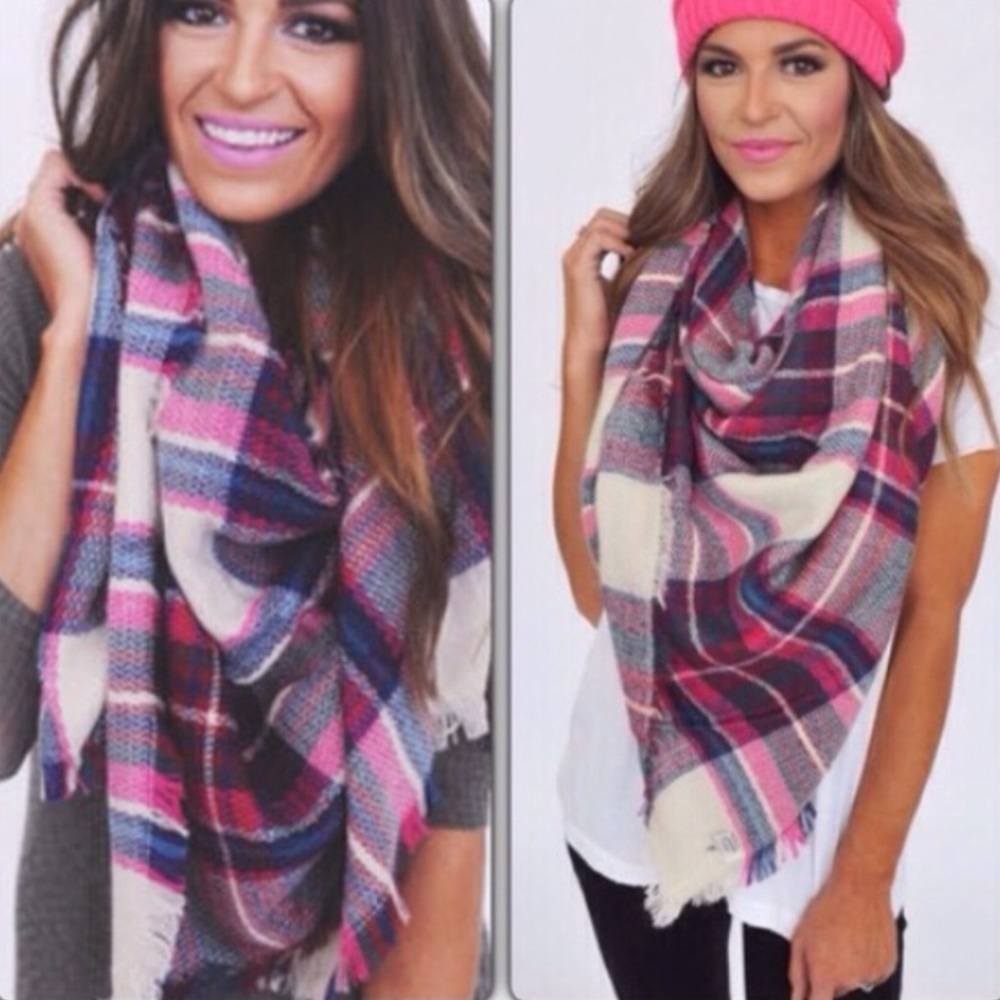 New Gray Cream Pink Plaid Oversized  Blanket Scarf