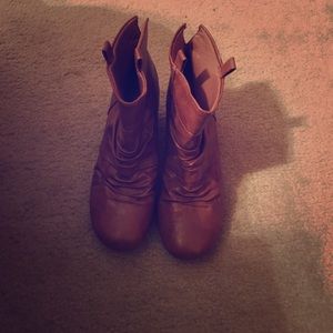 Tan low wedge booties