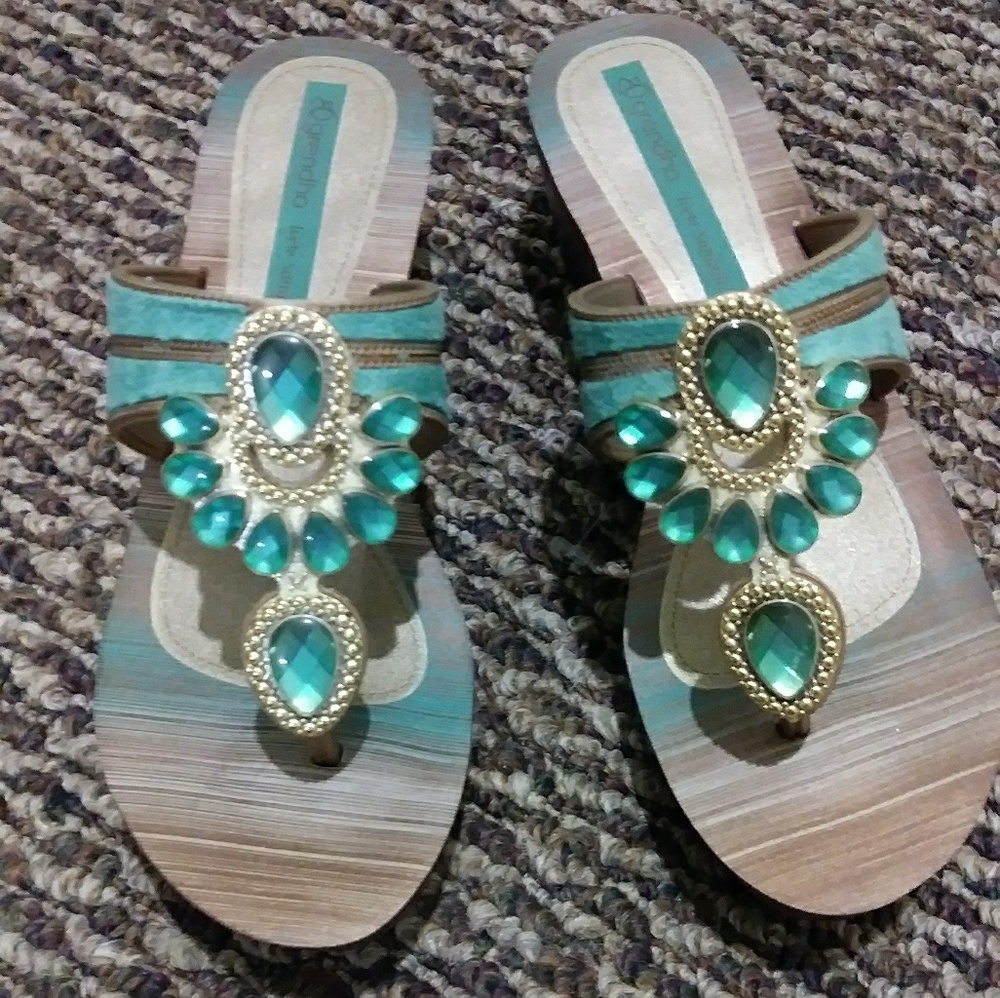 NEW Turquoise and gold embellished wedge sandals
