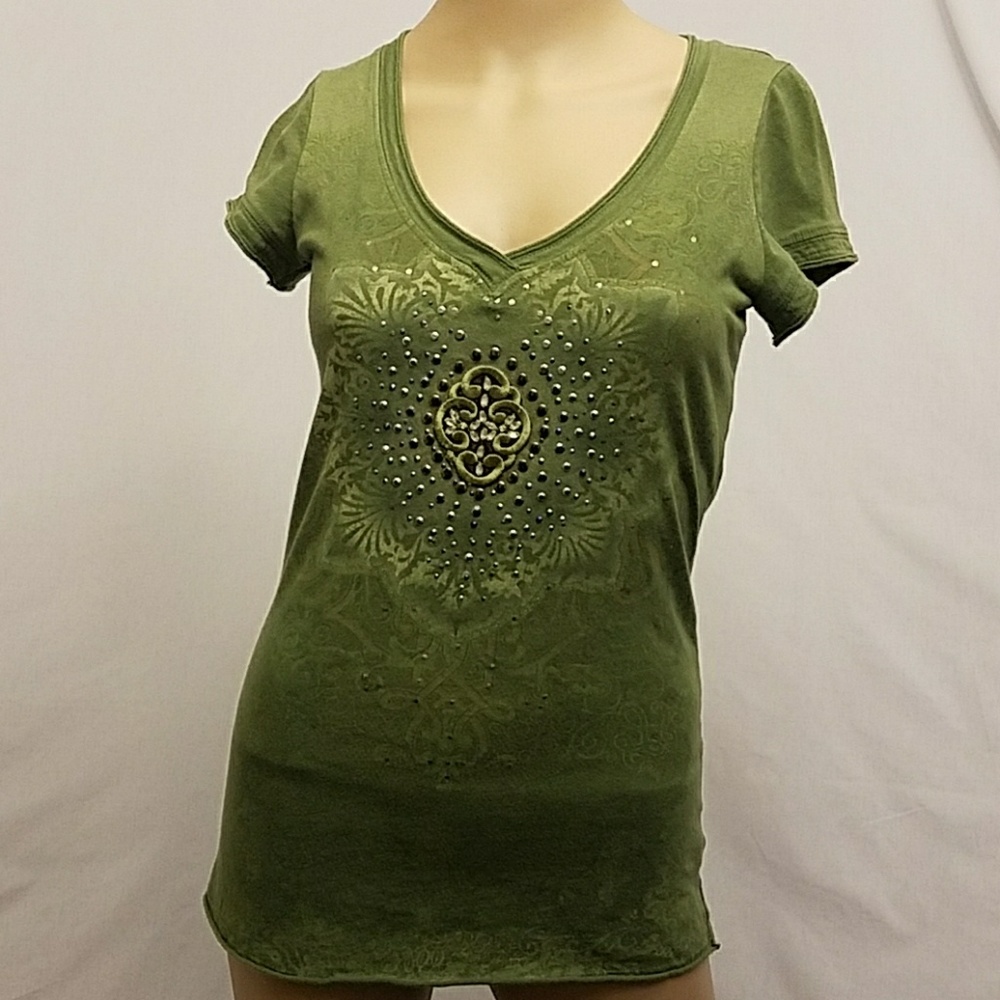 Long green tee embroidered  blouse M "FINAL"