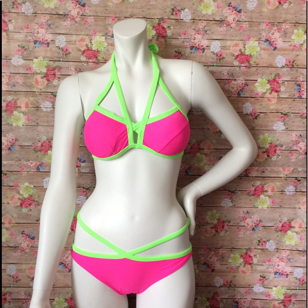JUST IN Pink Green Straps Bikini Swimwear