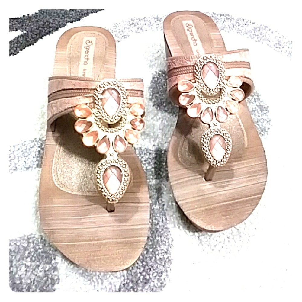 Pinkish cream and gold embellished wedge sandals