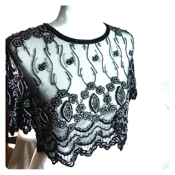 Lord & Taylor Tops - Black and Silver Beaded Silver Scalloped Crop Top