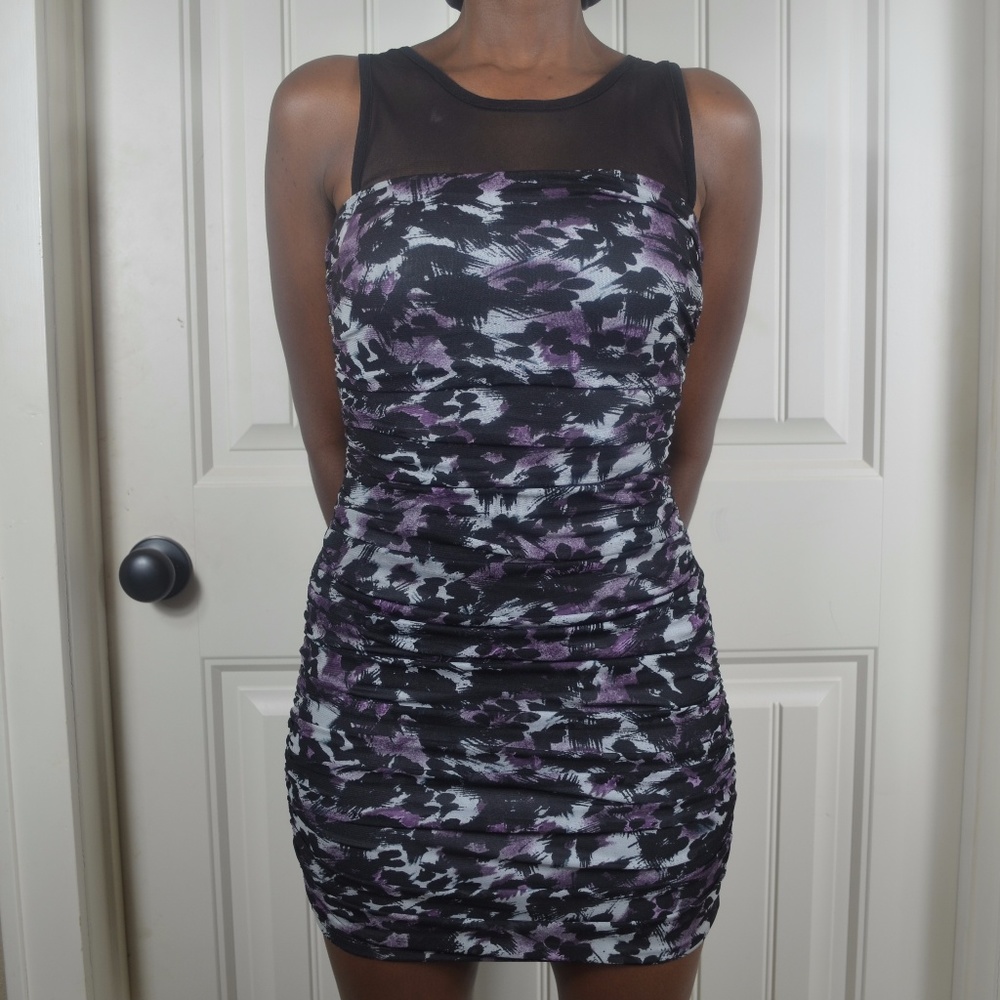S Sheer Top Ruched Print Mini Dress