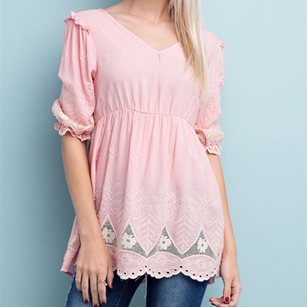❤️CLOSING SALE❤️ Pink Ruffled Sleeve Embroidered