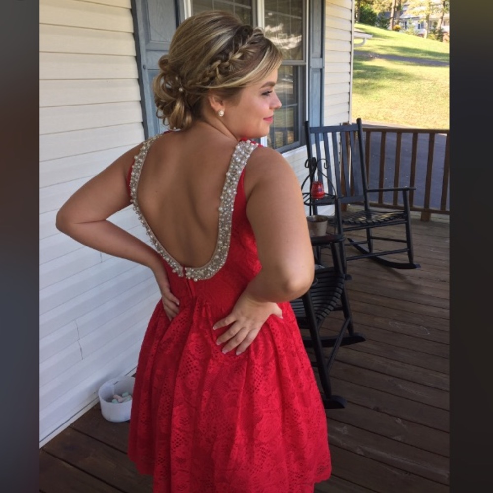Red Scoop-Back Pearl Homecoming Dress