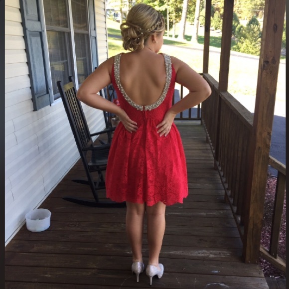 Red Scoop-Back Pearl Homecoming Dress - Picture 2 of 6