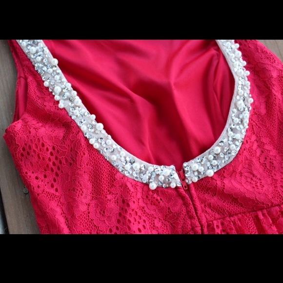 Red Scoop-Back Pearl Homecoming Dress - Picture 5 of 6
