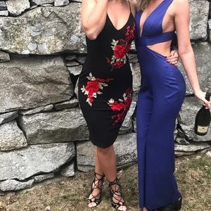 Black Midi Dress with Rose Appliqués