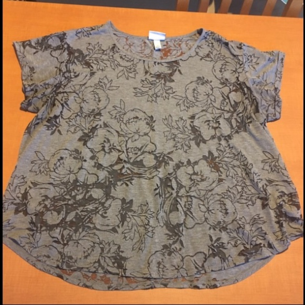 Gray Partially-Sheer Floral Pattern Blouse