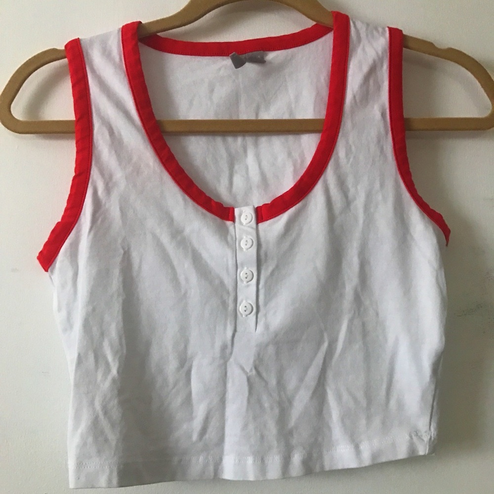 Red Lined White Quarter Button Crop Top