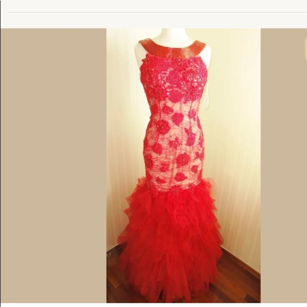 Jovani  77757 Red Lace Mermaid Gown Bridal Dress 8