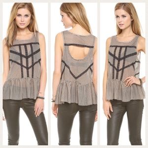 Free People Black Lace Stripe Peplum Top, Size XS