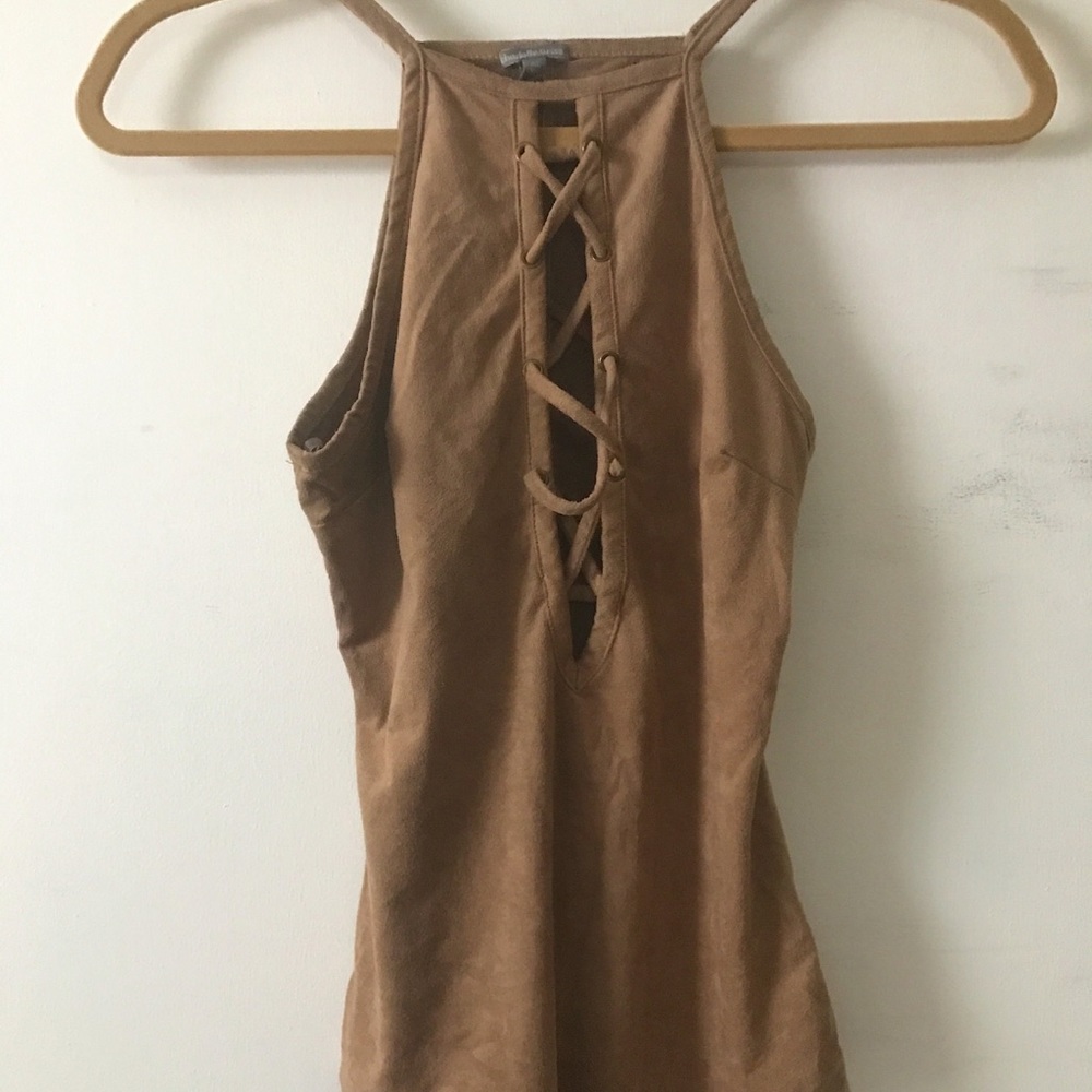 Tan Suede Strappy Front Bodysuit