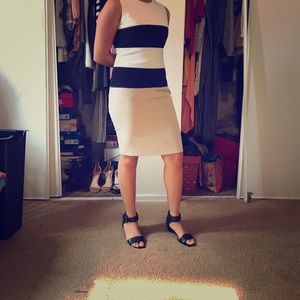 Formal Calvin Klein white, black, and beige dress.