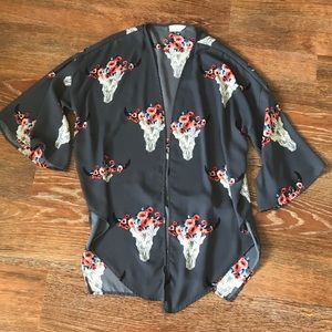 Bull skull floral print kimono