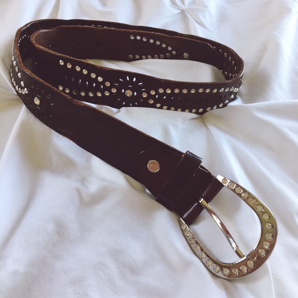 Crystal studded dark leather buckle belt