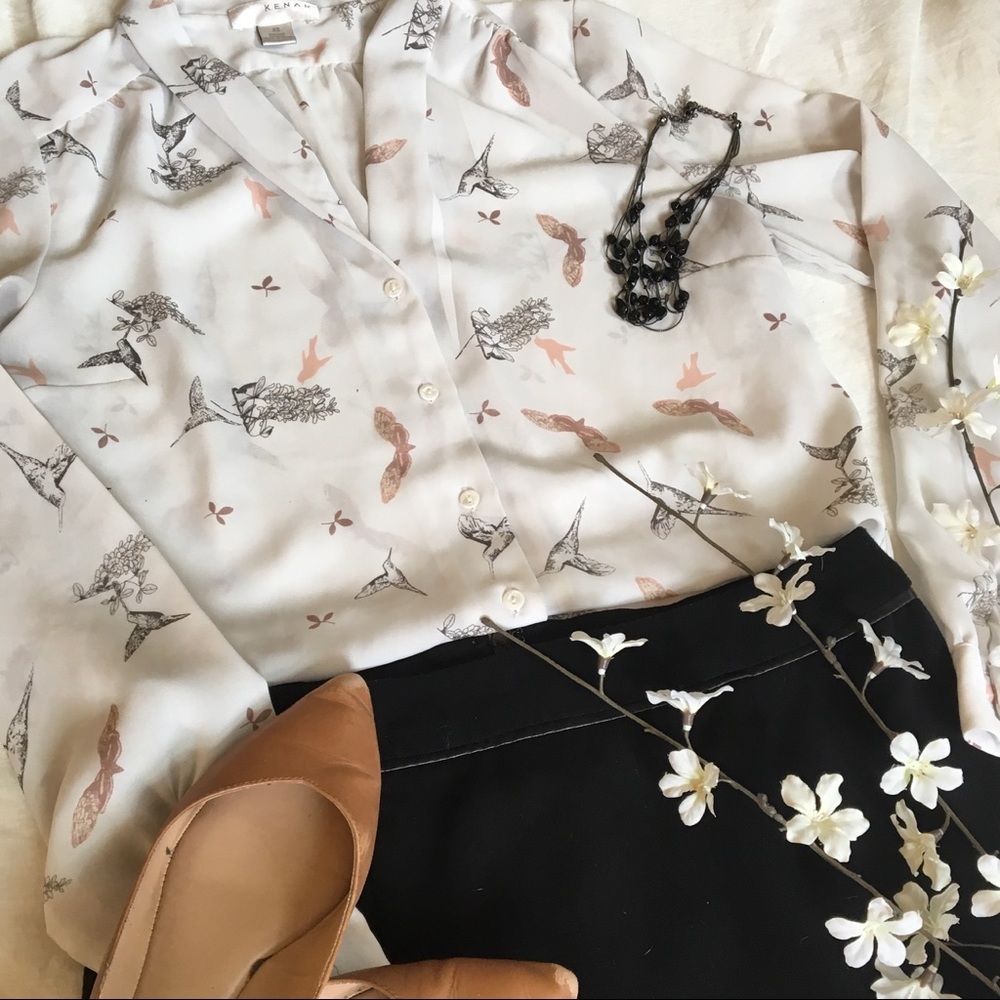 White Button Down Blouse with Pink Bird Design