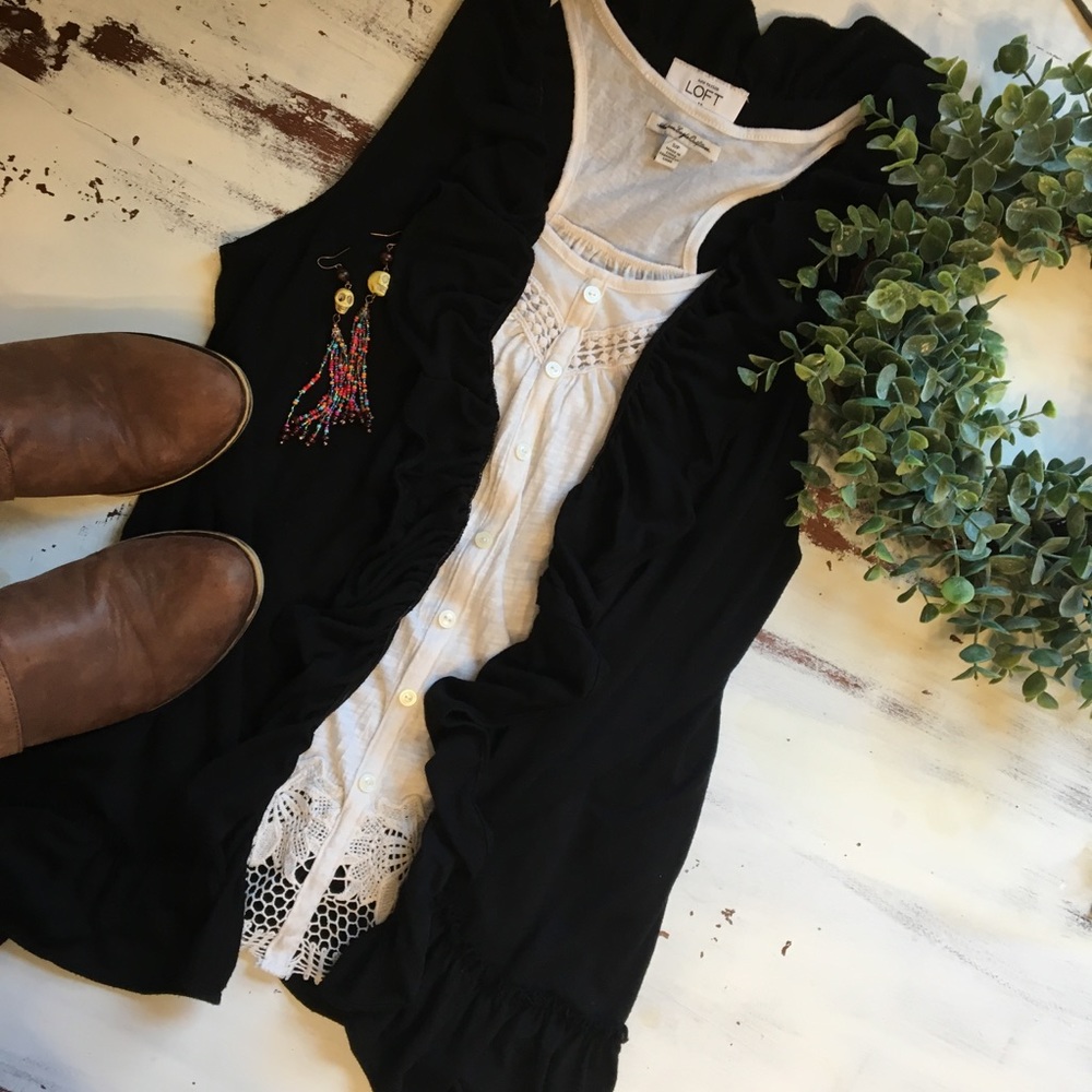 Loft, Med Black Cotton Vest with Ruffle Details