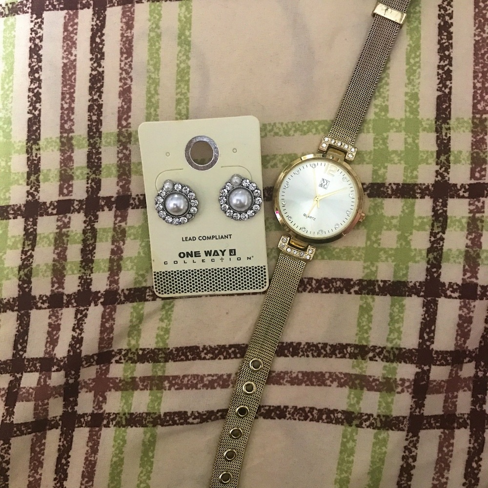 Silver Pearl Earrings / Gold Watch