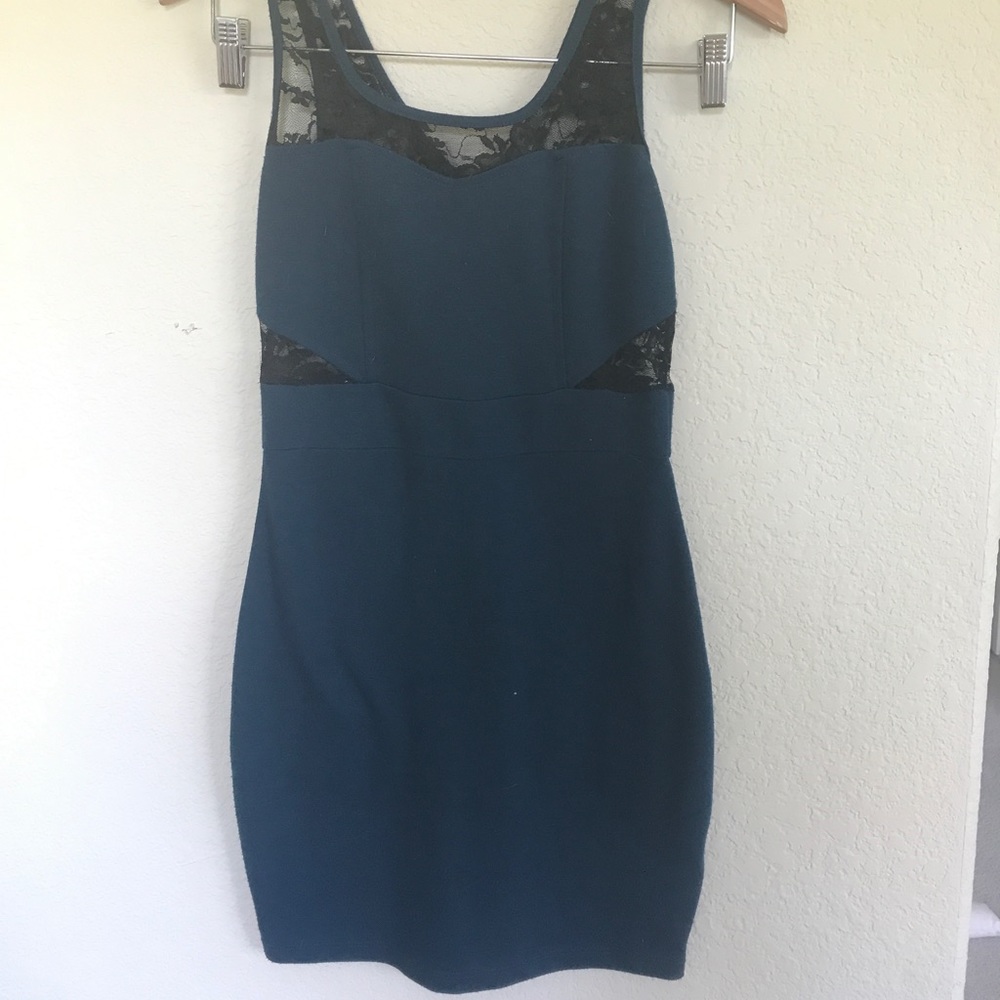 Black lace/dark blue above knee dress