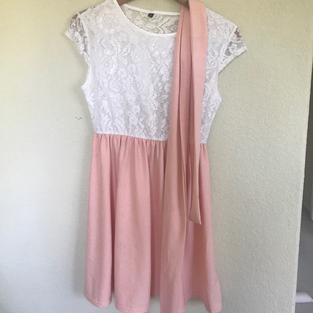 Pink & white lace dress with belt.
