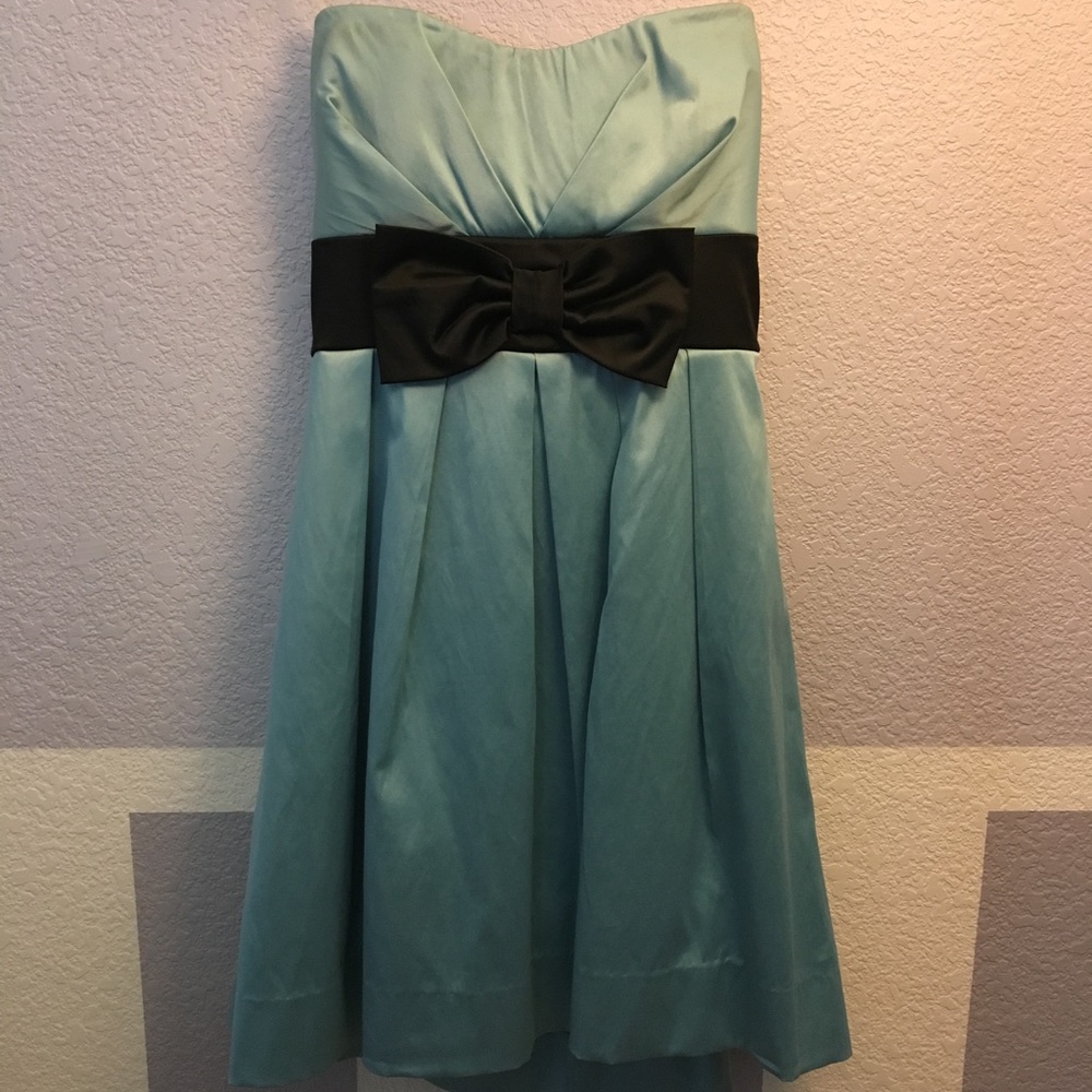 Blue Strapless Homecoming Dress with Black Bow