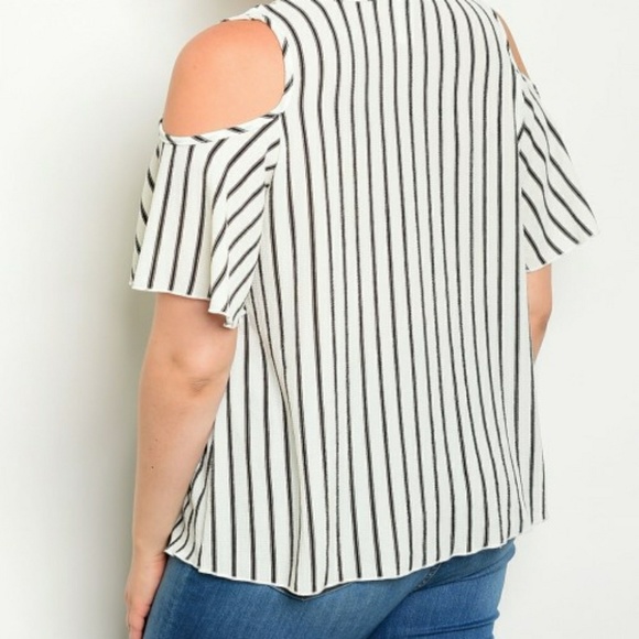 Cold Shoulder Short Sleeve striped Top w/ necklace - Picture 5 of 5