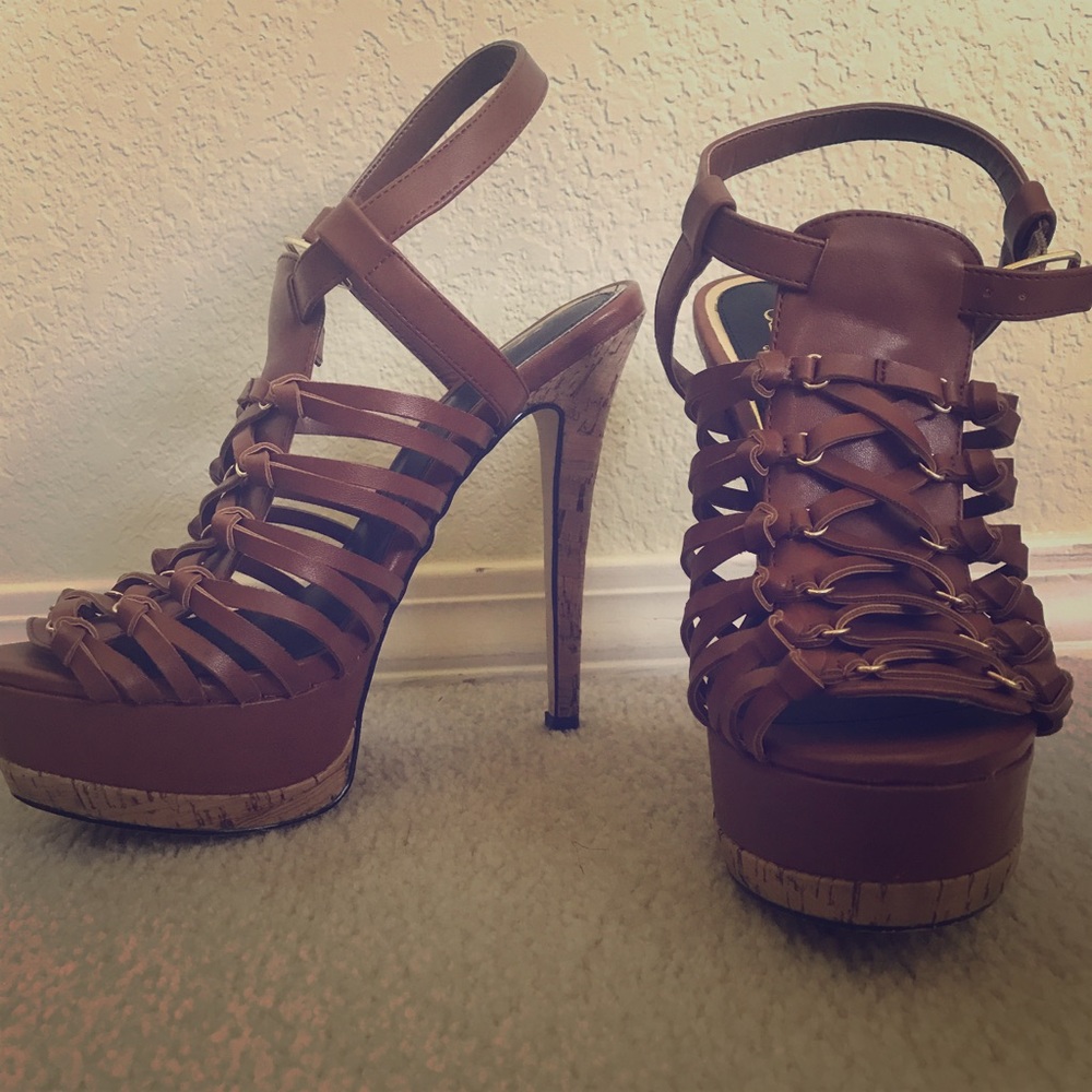 Tan tied ankle heels