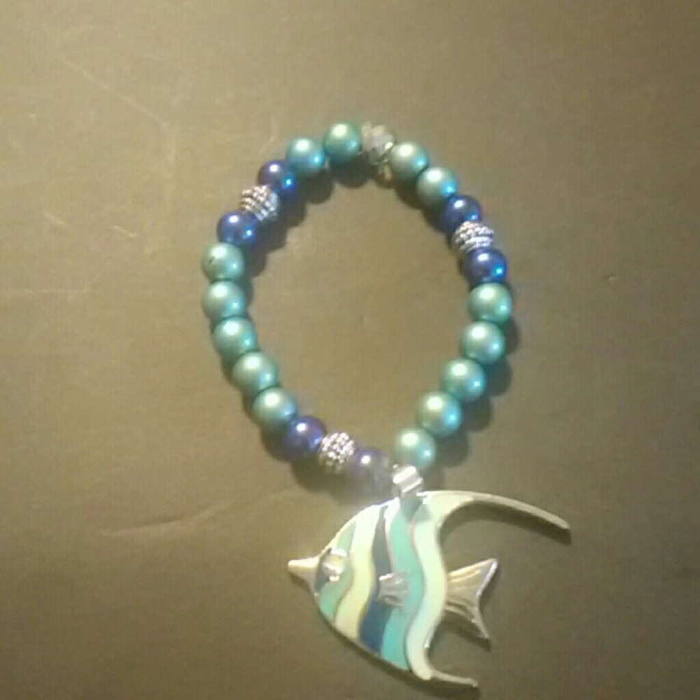 Hematite teal and blue fish charm bracelet