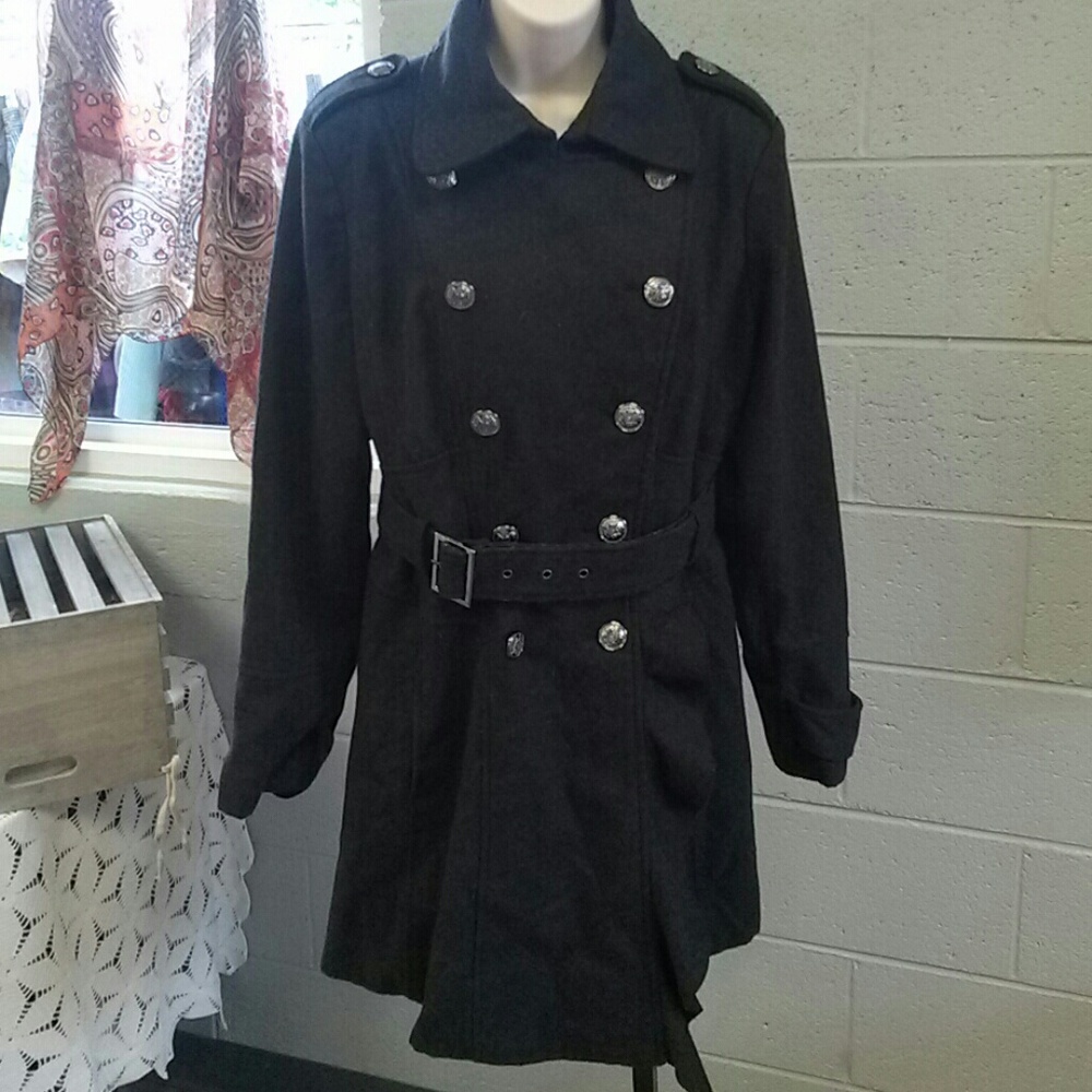 NWOT GUESS Dark Grey Wool Belted Trench Coat SZ XL