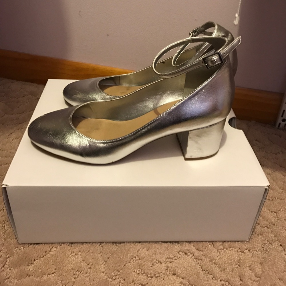 Dressy silver ankle strap dress shoes