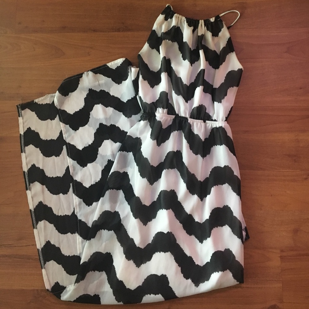 Black and white high neck, open back Maxi dress