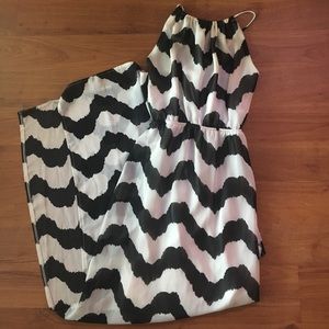 Black and white high neck, open back Maxi dress