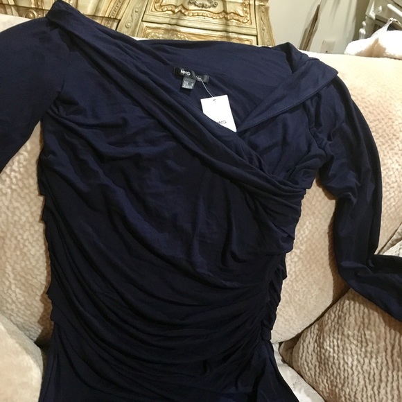 New w/tag MNG Navy Dress gathering sides slimming - Picture 2 of 4