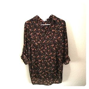 Brown floral button up blouse.