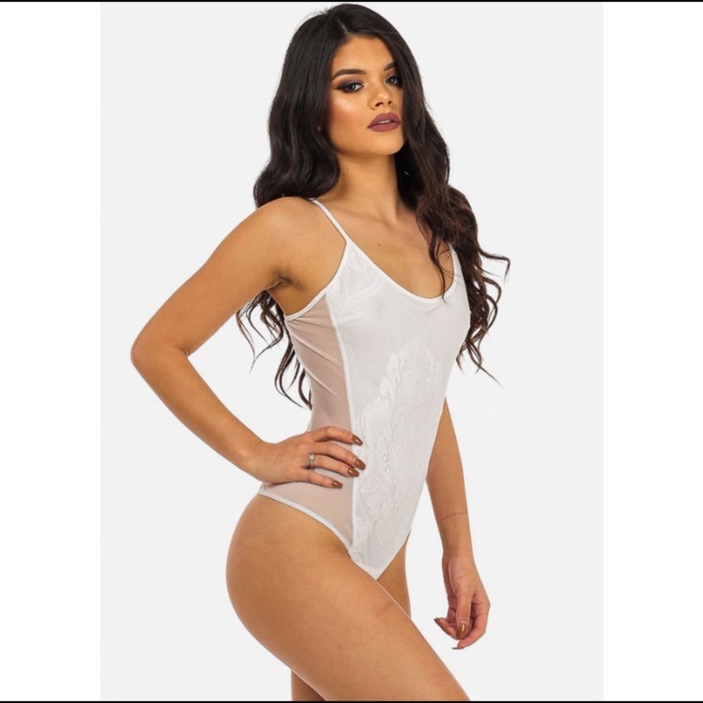 White spaghetti strap thong lace bodysuit