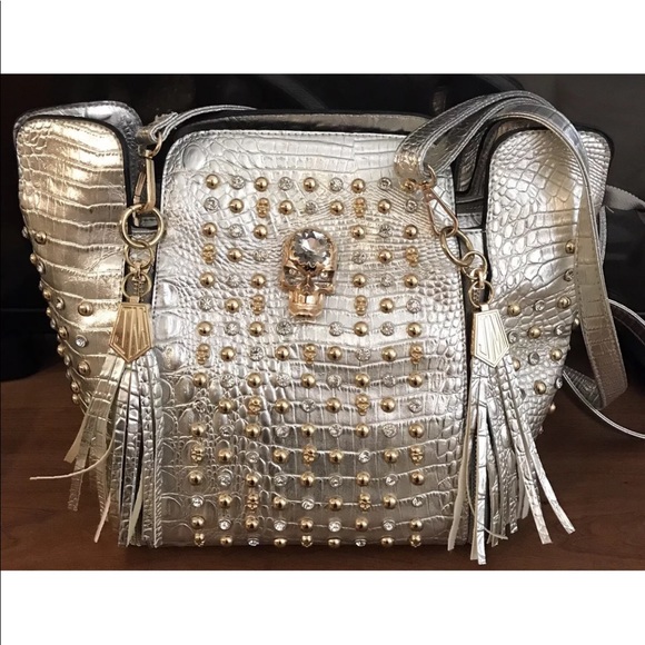 JM custom Handbags - Silver Gold Crystal Studs SKULL Faux Leather Purse