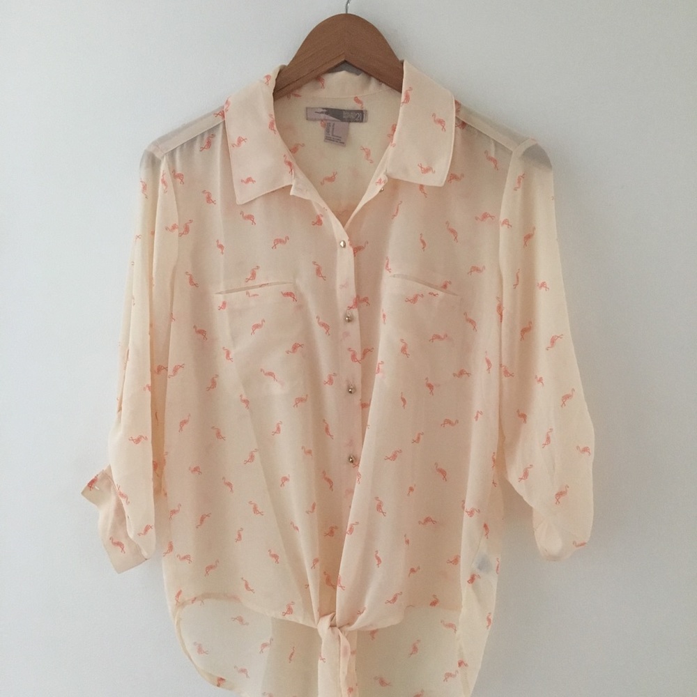 Flamingo print blouse with front tie