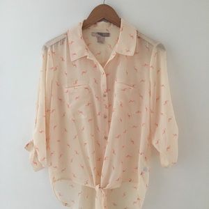 Flamingo print blouse with front tie