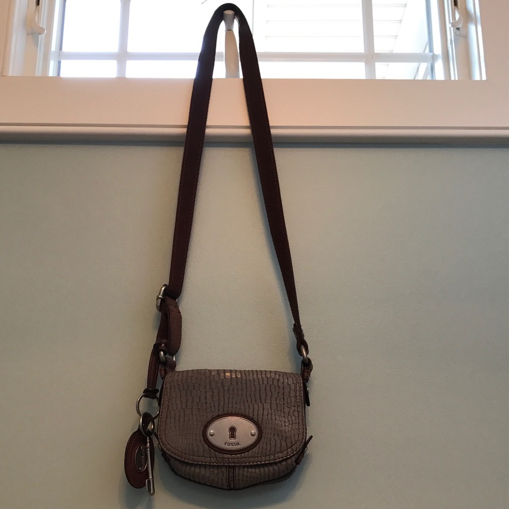 Fossil Grey & Brown Leather Snake Print Crossbody