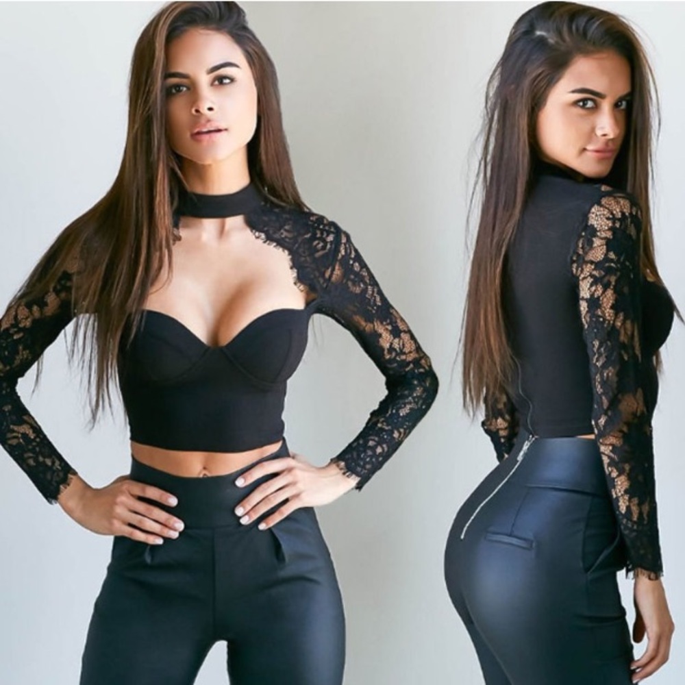 Long sleeve black lace blouse.